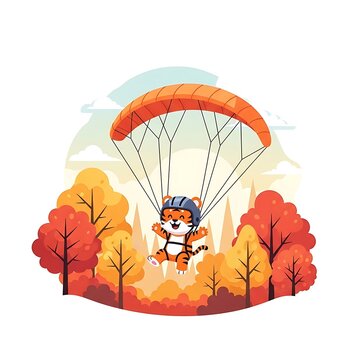 A happy, cartoon tiger in a helmet is skydiving over a fall landscape with trees and a setting sun