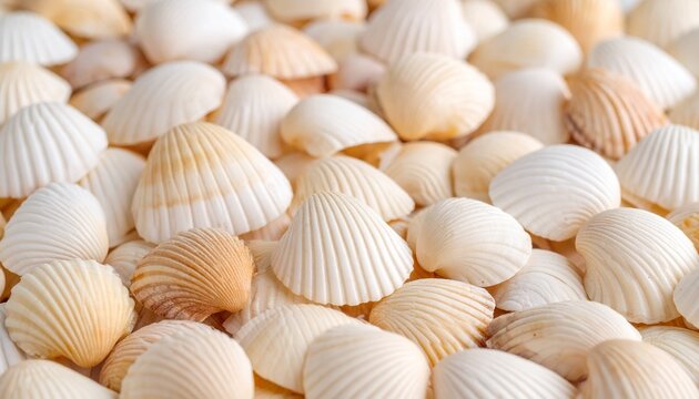 Close-up view of many small, light beige and white seashells