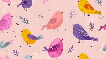 Obraz premium Bird pattern, childish seamless background. Perfect for fabric, textiles, wrapping, wallpaper, and apparel. Hand drawn