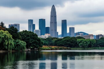 Fototapeta premium Tall modern skyscrapers rise above green parkland and calm lake. Cityscape with trees and water reflection shows urban development. Nature meets city buildings in harmonious skyline.