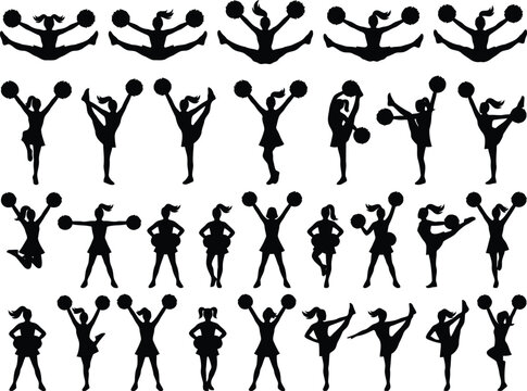 Cheerleader silhouettes with pom poms, high school dance team sports icons