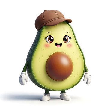 A happy, cartoon-style avocado character wearing a brown cap and gloves, with a cute smiling face. Set against a white background