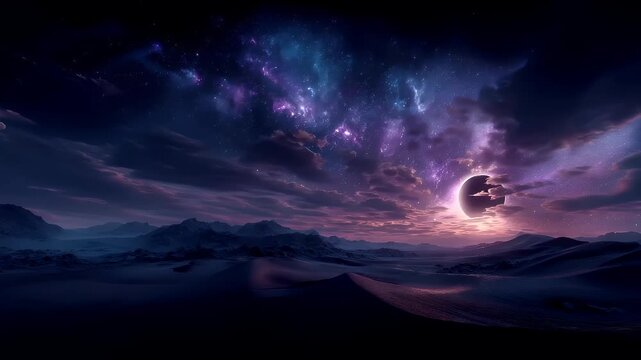 Eclipse, fantasy, mysterious, supernatural. A vivid digital artwork depicts a vast desert landscape at twilight. The sky is a mesmerizing blend of deep purples, blues, and pinks.