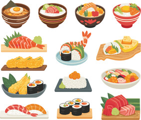 Japanese food set, sushi ramen tempura dishes collection, traditional cuisine vector illustration for menu © Kaiyum