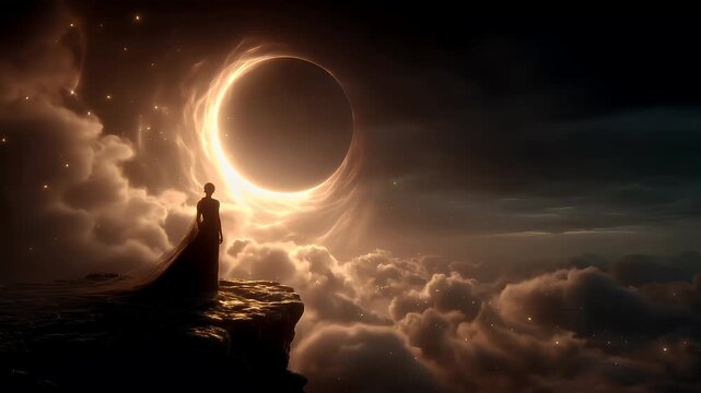 Eclipse, fantasy, mysterious, supernatural. A dramatic digital artwork depicts a solitary figure standing atop a cliff, overlooking a vast expanse of clouds. The figure wears a long, flowing robe.