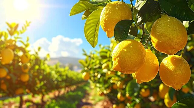 Ripe citrus fruits hang from branches in a sunlit orchard with rows of trees