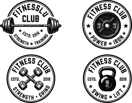 Set of four vintage fitness club emblems with barbell dumbbell kettlebell and weight plate icons for gym branding and sports logo design