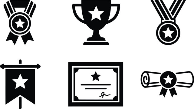 Set of black icons representing awards, trophies, medals, and achievement certificates for business success and competition victory recognition