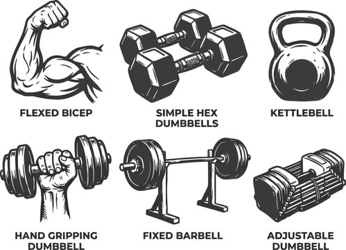 Set of vintage gym fitness equipment icons with dumbbells kettlebell barbell and muscular arm illustration