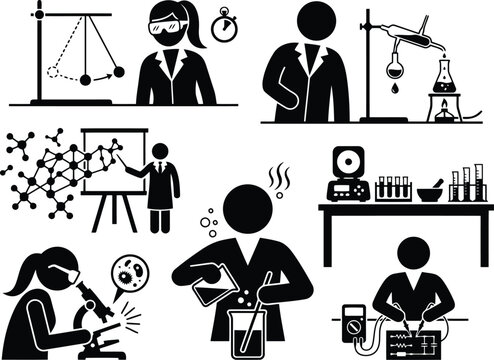 Set of stick figure scientists performing various laboratory experiments and research activities in a professional science environment