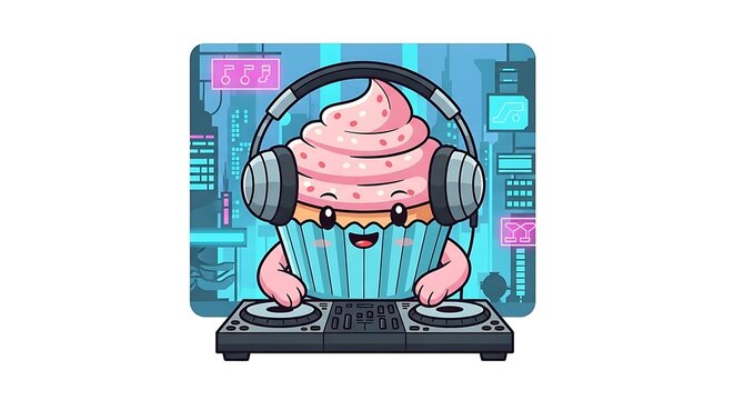 A smiling, animated cupcake wears headphones and DJs with a cityscape background. Its arms rest on the mixer, creating a fun, quirky character design