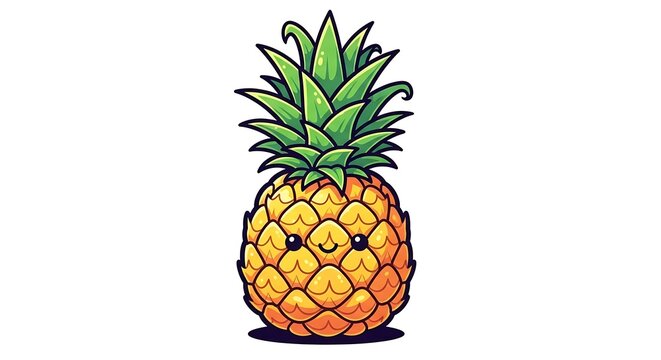 A vibrant, cartoon pineapple with a smiling face, rendered in a cheerful, stylized illustration against a white backdrop