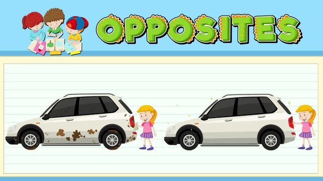 Educational animation showing opposites filthy and spotless with dirty and clean cars for kids learning.
