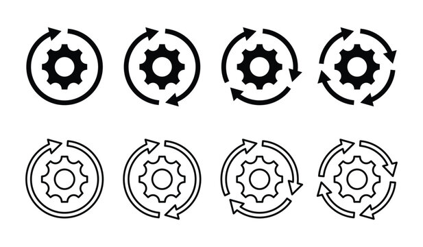 Gear setting circular arrow line solid icon set for sync process and system update