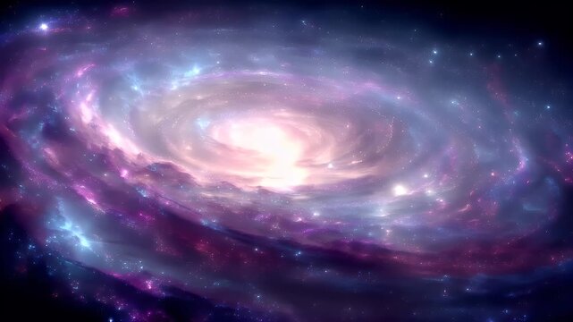 Space universe exploration, fantasy, mysterious. A vivid depiction of a cosmic scene depicts a spiral galaxy. The galaxy is a mesmerizing blend of deep purples, blues, and pinks.
