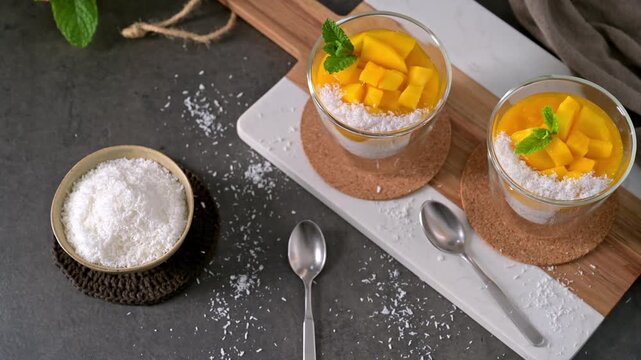 Two glass cups showcase layers of creamy white pudding topped with bright mango chunks and shredded coconut. The scene features soft overhead lighting on a dark stone surface with rustic wooden accent