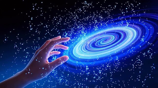 Hand reaching for glowing spiral galaxy