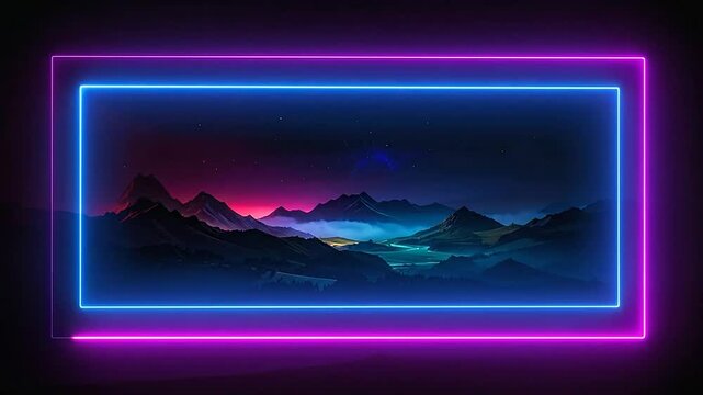Vibrant neon frame surrounds a dramatic mountain landscape at dusk