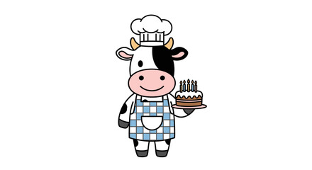 Fototapeta premium Adorable cow chef character wearing a white hat and checkered apron holding a birthday cake, vector illustration.