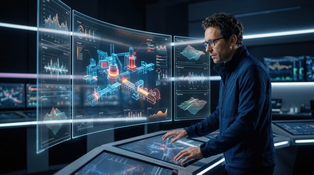 Technical specialist monitoring anomaly alerts on a futuristic cloud platform while reviewing a dynamic digital twin simulation of mill operations for predictive maintenance.