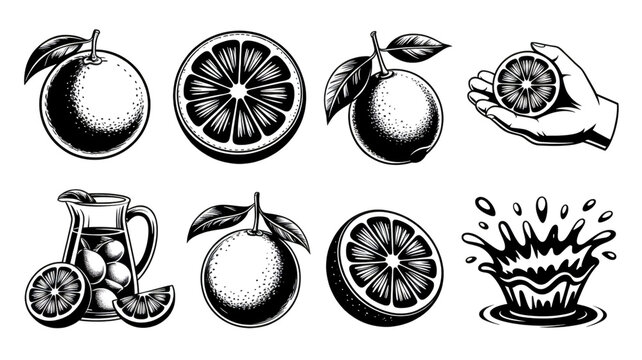 An illustration set of citrus fruits and a hand squeezing juice into a bowl