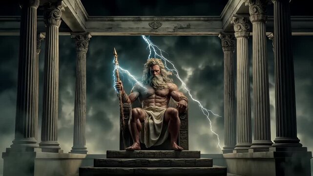 Greek mythology god Zeus. Fantasy. A dramatic portrayal of an ancient Greek or Roman deity seated on a throne. The deity has a long, flowing white beard and a muscular physique.