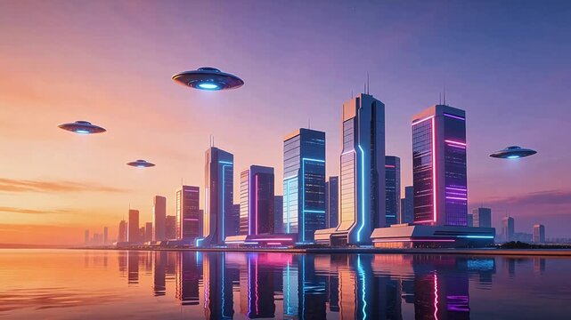 Futuristic cityscape with flying saucers