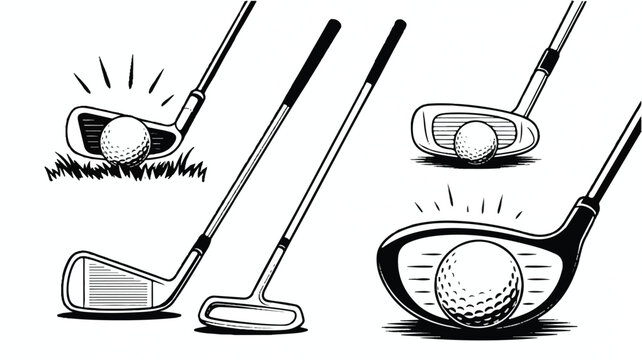 A black and white illustration shows golf clubs and balls in various positions and actions on a grassy field with sand.