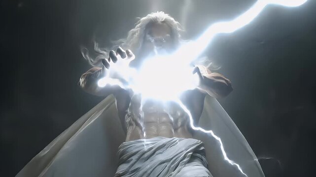 Greek mythology god Zeus. Fantasy. A dramatic portrayal of an ancient Greek or Roman god, depicted in a dynamic pose. The god has a long, flowing white beard and a fierce expression.