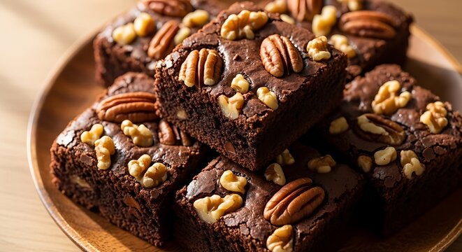 Chocolate brownies topped with nuts, detailed texture, warm tones, and natural lighting in close-up food photography, highlighting rich, crunchy, and indulgent dessert appeal.