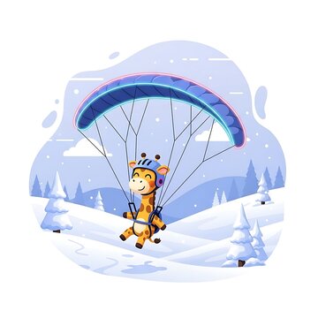 A cheerful cartoon giraffe, wearing a helmet and harness, paragliding over a snow-covered landscape with pine trees