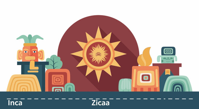 Ancient Inca and Zicaa Civilization Sun Symbol and Architecture Flat Design