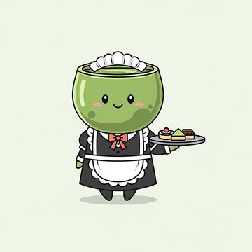 A kawaii green tea character dressed as a maid, smiling and holding a tray of mini pastries