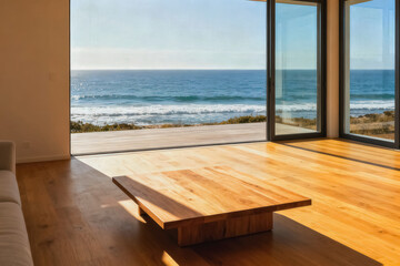 Fototapeta premium This minimalist coastal living room features warm wood floors, a low wooden coffee table, and floor-to-ceiling glass windows showcasing a sunny ocean view.