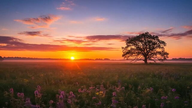 A solitary tree stands in a misty field at sunrise with colorful clouds