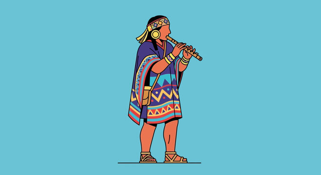 Indigenous person playing flute, traditional clothing, Andean culture, vector illustration