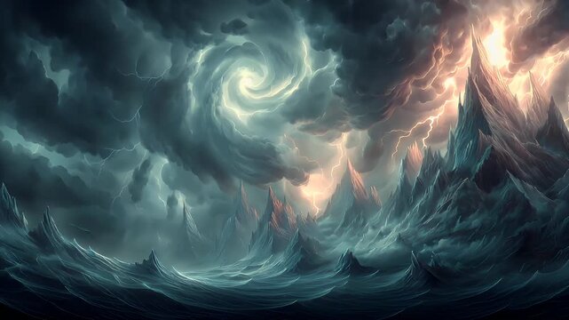 Fantasy wallpaper. A dramatic digital artwork depicts a stormy scene. The main subject is a swirling vortex of dark, stormy clouds, illuminated by a bright, fiery light source.