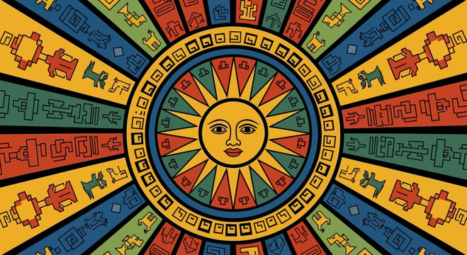 Vibrant Aztec Sun Calendar Inspired Design with Traditional Symbols