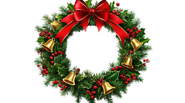 Festive Christmas wreath made of pine holly red ribbons and golden bells for holiday decorations