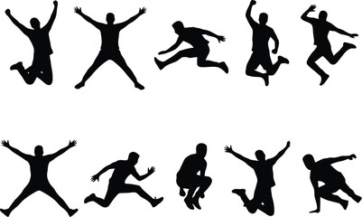 Set of black silhouettes of happy people jumping and celebrating in various dynamic poses © SAIF820