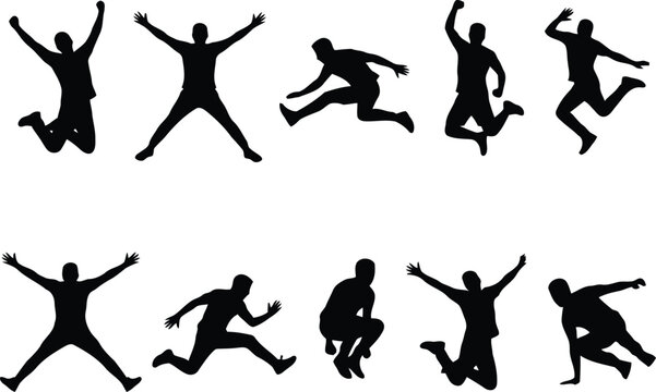 Set of black silhouettes of happy people jumping and celebrating in various dynamic poses