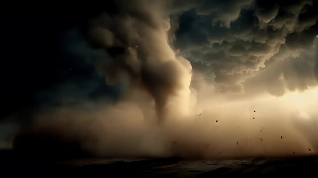 Tornado, twister, weather, natural disaster. A dramatic depiction of a tornado, captured in a moody, atmospheric style. The main subject is a large, swirling cloud formation.