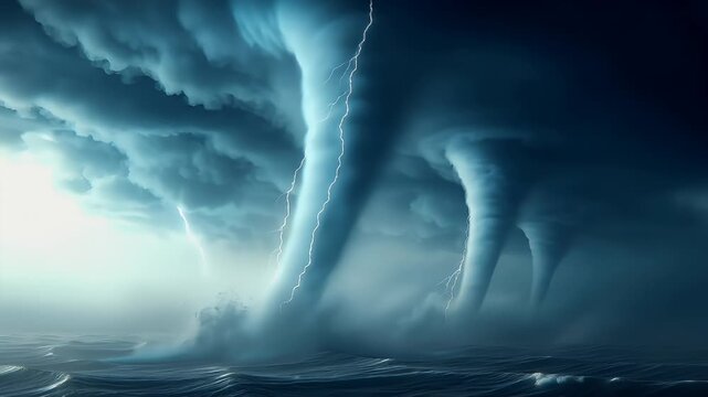 Tornado, twister, weather, natural disaster. A dramatic depiction of a stormy sea scene. A large, swirling cloud formation, resembling a tornado or tornado, is the main subject.