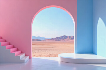 Fototapeta premium This minimalist interior space features pastel pink and blue walls with an arched opening overlooking a desert mountain landscape, with matching pink stairs and a white display platform.