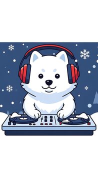 A cartoon-style snow-white canine sporting headphones and DJ setup under snowy atmosphere. Fun illustration, perfect for winter themes
