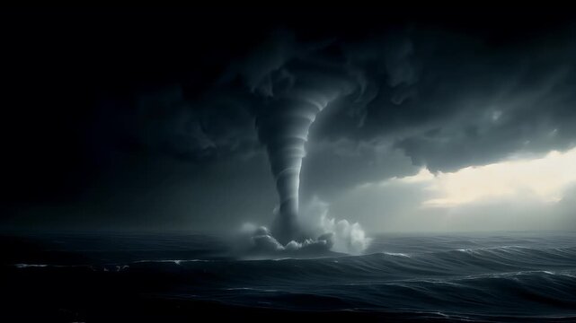 Tornado, twister, weather, natural disaster. A dramatic depiction of a stormy sea. A large, dark, swirling cloud forms the center of the image, forming a funnel cloud.