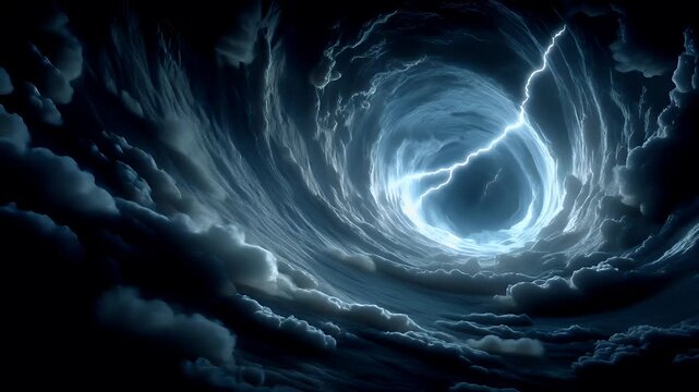 Tornado, twister, weather, natural disaster. A dramatic digital artwork depicts a swirling vortex of swirling clouds. The sky is a deep blue, and the clouds are a mix of white and gray.