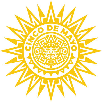 Yellow sun icon for Cinco de Mayo celebration with traditional Aztec calendar style pattern