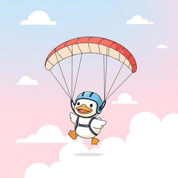 Adorable cartoon duck wearing a helmet and a harness, floating beneath a red and white parachute in a gradient sky