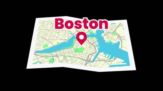 Boston Map Animation, Unfolding Paper Map with Location Pin, 4K Transparent Background